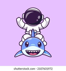 Cute Astronaut With Cute Shark Cartoon Vector Icon Illustration. Science Animal Icon Concept Isolated Premium Vector. Flat Cartoon Style