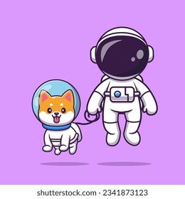 Cute Astronaut With Shiba Inu Dog Astronaut Floating Cartoon Vector Icon Illustration. Science Animal Icon Concept Isolated Premium Vector. Flat Cartoon Style