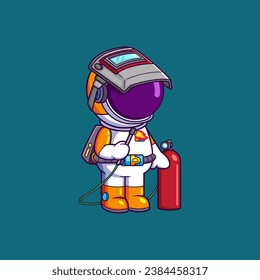 Cute Astronaut a shield on his head holding a welding machine. Science Technology Icon Concept of illustration