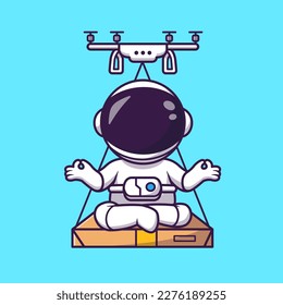 Cute Astronaut Shipping Box Package WIth Drone Cartoon Vector Icon Illustration. Science Technology Icon Concept Isolated Premium Vector. Flat Cartoon Style