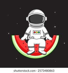 Cute Astronaut shit down on water melon space, cartoon design vector