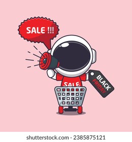 cute astronaut in shopping cart is promoting black friday sale with megaphone cartoon vector illustration