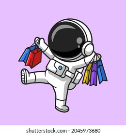 Cute Astronaut Shopping Cartoon Vector Icon Illustration. Technology Business Icon Concept Isolated Premium Vector. Flat Cartoon Style 