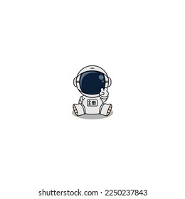 Cute astronaut showing V sign hand and sitting cartoon, vector illustration