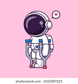 Cute Astronaut Sick Using Crutch Walking Stick Cartoon Vector Icon Illustration. Science Medical Icon Concept Isolated Premium Vector. Flat Cartoon Style