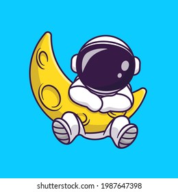 Cute Astronaut With Sickle Moon Cartoon Vector Icon Illustration. Science Technology Icon Concept Isolated Premium Vector. Flat Cartoon Style