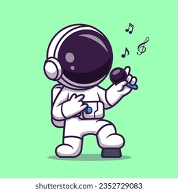 Cute Astronaut Sing With Microphone Cartoon Vector Icon Illustration. Science Technology Icon Concept Isolated Premium Vector. Flat Cartoon Style