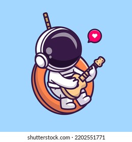 Cute Astronaut Singing With Guitar On Swing Cartoon Vector Icon Illustration. Science Music Icon Concept Isolated Premium Vector. Flat Cartoon Style