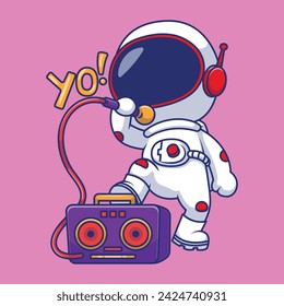 Cute Astronaut Singing With Microphone And Bombox Cartoon Vector Icons Illustration. Flat Cartoon Concept. Suitable for any creative project.