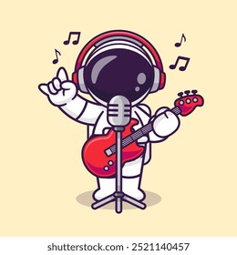 Lindo Astronauta Cantando Con Micrófono Y Guitarra De Dibujos Animados Icono De Vector. Ciencia Festiva Icon Concept Vector Premium aislado. Estilo plano de la historieta