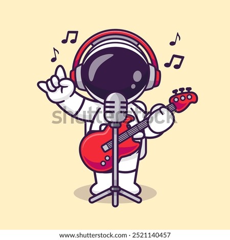 Cute Astronaut Singing With Microphone And Guitar Cartoon Vector Icon Illustration. Science Holiday Icon Concept Isolated Premium Vector. Flat Cartoon Style