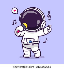 Cute Astronauten singt mit Mikrofon und Kopfhörer Cartoon Vektorsymbol Illustration. Science Technology Icon Konzept isolierter Premium-Vektorgrafik. Flachbildkartonstil