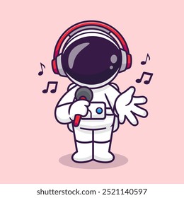 Cute Astronaut Singing With Microphone And Headset Cartoon Vector Icon Illustration. Science Holiday Icon Concept Isolated Premium Vector. Flat Cartoon Style