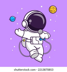 Cute Astronaut Singing With Microphone In Space Cartoon Vector Icon Illustration Science Technology Icon Concept Isolated Premium Vector. Flat Cartoon Style