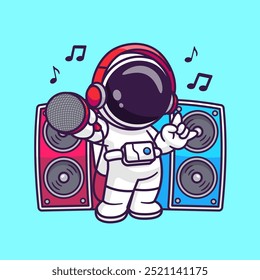 Cute Astronaut Singing With Microphone And Speaker Cartoon Vector Icon Illustration. Science Holiday Icon Concept Isolated Premium Vector. Flat Cartoon Style