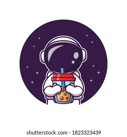 Cute Astronaut Sipping Boba Milk Tea Cartoon Vector Icon Illustration. Science Food And Drink Icon Concept Isolated Premium Vector. Flat Cartoon Style