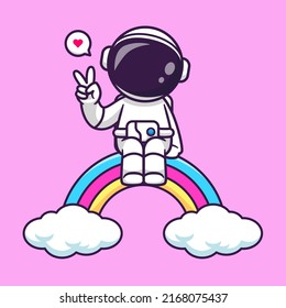 Cute Astronaut Sitiing On Rainbow With Peace Sign Cartoon Vector Icon Illustration Science Technology Icon Concept Isolated Premium Vector. Flat Cartoon Style