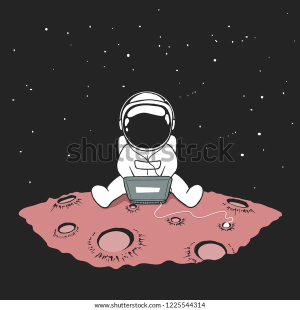 Cute an\
astronaut sits in internet and listens to music on a computer in\
outer space on planet.Space vector\
illustration