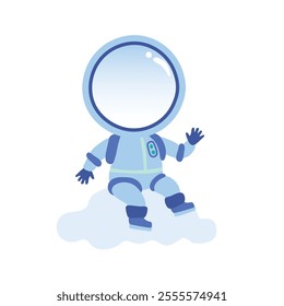 A cute astronaut sits on a cloud and waves. Vector illustration