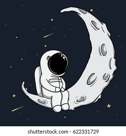 Cute astronaut sits on crescent moon.Childish vector illustration