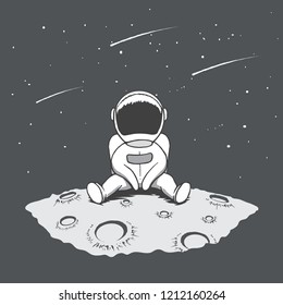 Cute astronaut sits on Moon and looking to stars.Space theme.Hand drawn vector illustration