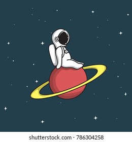 Cute astronaut sits and relax on saturn.Cartoon style.Childish vector illustration