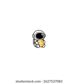Cute astronaut sitting down and holding a yellow moon cartoon, vector illustration
