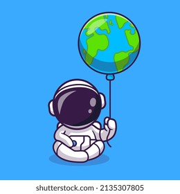Cute Astronaut Sitting With Earth Balloon Cartoon Vector Icon Illustration. Science Technology Icon Concept Isolated Premium Vector. Flat Cartoon Style