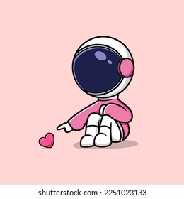 Astronauta Cute Sentado Corazón Tocando Amor Chibi Ilustración del Vector de Caricatura. Vector Premium aislado. Estilo de caricatura plano o impresión de pantalla de camiseta, página de aterrizaje web, cartel, volante, adhesivo