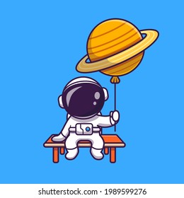 Cute Astronaut Sitting And Holding Planet Balloon Cartoon Vector Icon Illustration. Technology Science Icon Concept Isolated Premium Vector. Flat Cartoon Style