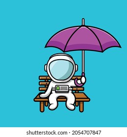 Cute Astronaut Sitting With Holding Umbrella In the Rain Cartoon Vector Icon Illustration. People Science Icon Concept Isolated Premium Vector. Flat Cartoon Style