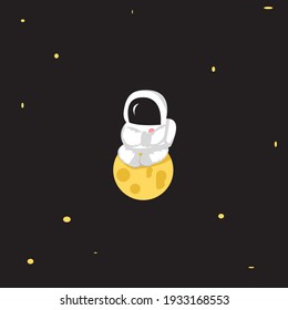 Cute astronaut sitting meditation above the yellow planet in space stars background. good for space, astronaut, calm content. Flat cartoon flat mascot, flat character.