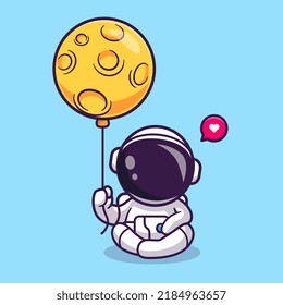 Cute Astronaut Sitting With Moon Balloon Cartoon Vector Icon Illustration. Science Technology Icon Concept Isolated Premium Vector. Flat Cartoon Style