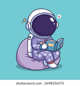 Netter Astronaut, der auf einer Bohnentasche sitzt und ein Buch liest - skurrile Vektorgrafik im Weltraum