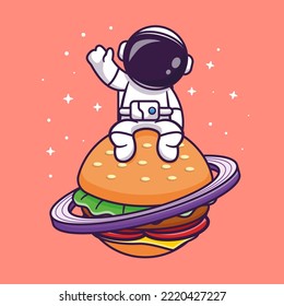 Cute Astronaut Sitting On Burger Planet In Space Cartoon Vector Icon Illustration. Science Food Icon Concept Isolated Premium Vector. Flat Cartoon Style