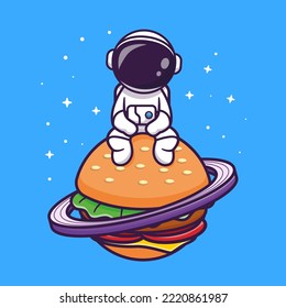 Cute Astronaut Sitting On Burger Planet In Space Cartoon Vector Icon Illustration. Science Food Icon Concept Isolated Premium Vector. Flat Cartoon Style