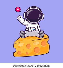 Cute Astronaut Sitting On Cheese Cartoon Vector Icon Illustration. Science Food Icon Concept Isolated Premium Vector. Flat Cartoon Style