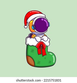 The cute astronaut is sitting on the christmas sock waiting for santa gift of illustration
