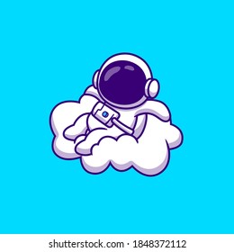 Cute Astronaut Sitting On Cloud Cartoon Vector Icon Illustration. Science Technology Icon Concept Isolated Premium Vector. Flat Cartoon Style