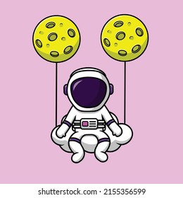 Cute Astronaut Sitting On Cloud With Moon Cartoon Vector Icon Illustration. Science Nature Icon Concept Isolated Premium Vector.