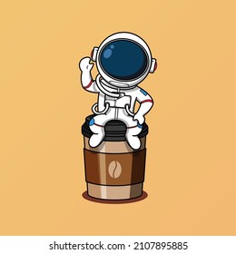 Cute astronaut sitting on a coffee cup illustration