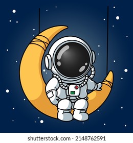 Cute Astronaut Sitting On The Crescent Moon