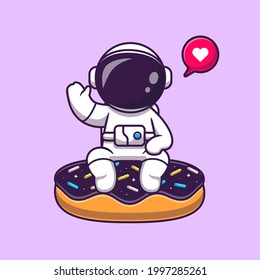 Cute Astronaut Sitting On Doughnut Space Cartoon Vector Icon Illustration. Science Food Icon Concept Isolated Premium Vector. Flat Cartoon Style