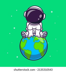 Cute Astronaut Sitting On Earth Cartoon Vector Icon Illustration. Science Technology Icon Concept Isolated Premium Vector. Flat Cartoon Style