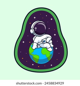 Cute Astronaut Sitting On Earth In Avocado Space Cartoon Vector Icon Illustration. Science Technology Icon Concept Isolated Premium Vector. Flat Cartoon Style