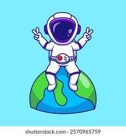 Cute Astronaut Sitting On Earth With Peace Hand Cartoon Vector Illustration. Science Technology Concept. Flat Cartoon Outline Style.