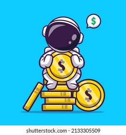 Cute Astronaut Sitting On Gold Coin Cartoon Vector Icon Illustration. Science Business Icon Concept Isolated Premium Vector. Flat Cartoon Style