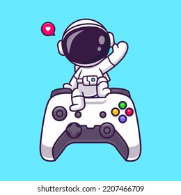 Cute Astronaut Sitting On Joystick And Waving Hand Cartoon Vector Icon Illustration. Science Technology Icon Concept Isolated Premium Vector. Flat Cartoon Style