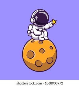 Cute Astronaut Sitting On Moon And Holding Star Cartoon Vector Icon Illustration. Science Technology Icon Concept Isolated Premium Vector. Flat Cartoon Style