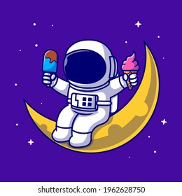 Cute Astronaut Sitting On Moon And Holding Ice Cream Cartoon Vector Icon Illustration. Science Food Icon Concept Isolated Premium Vector. Flat Cartoon Style